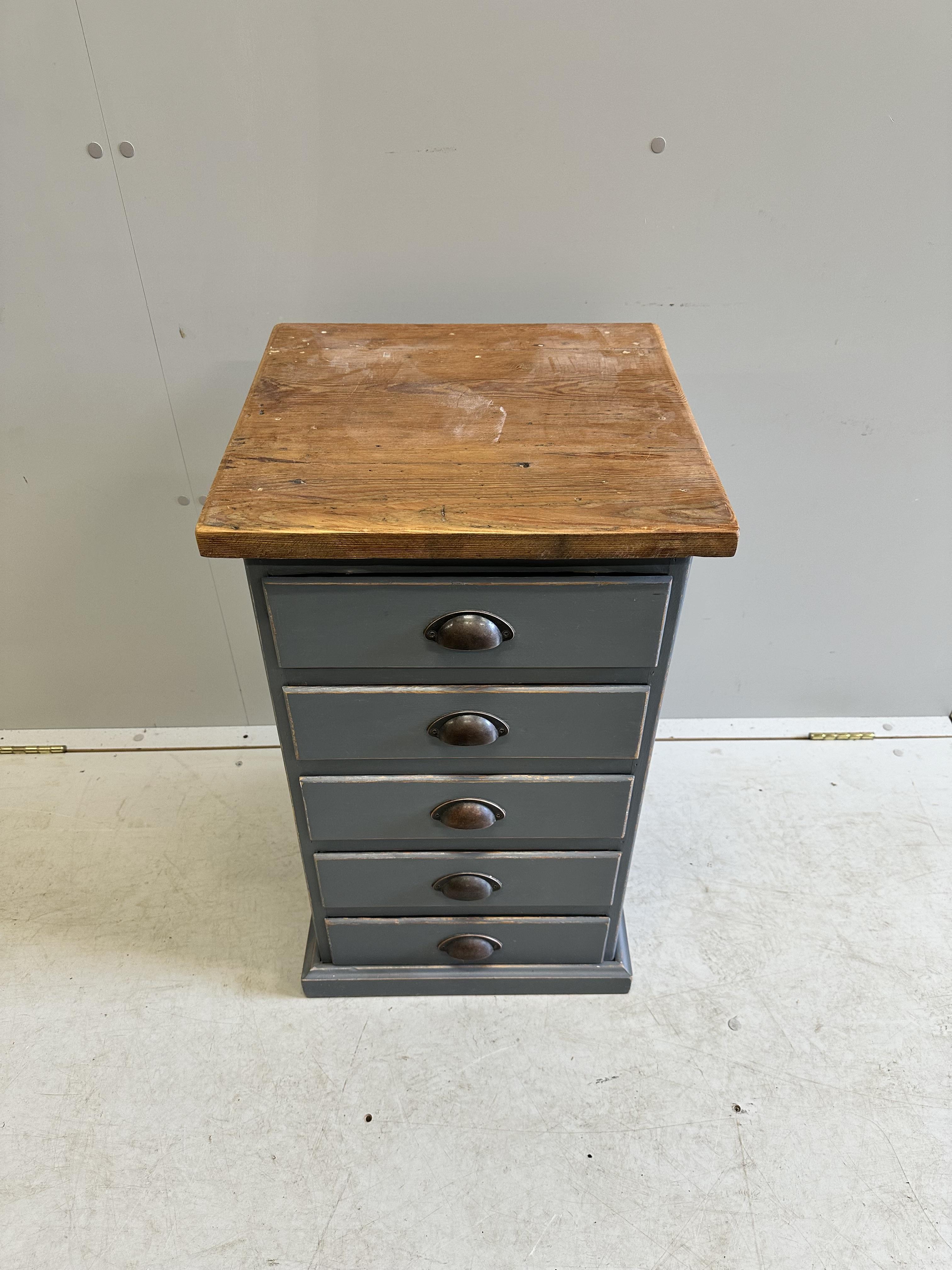 A small painted pine five drawer chest, width 43cm, depth 41cm, height 72cm